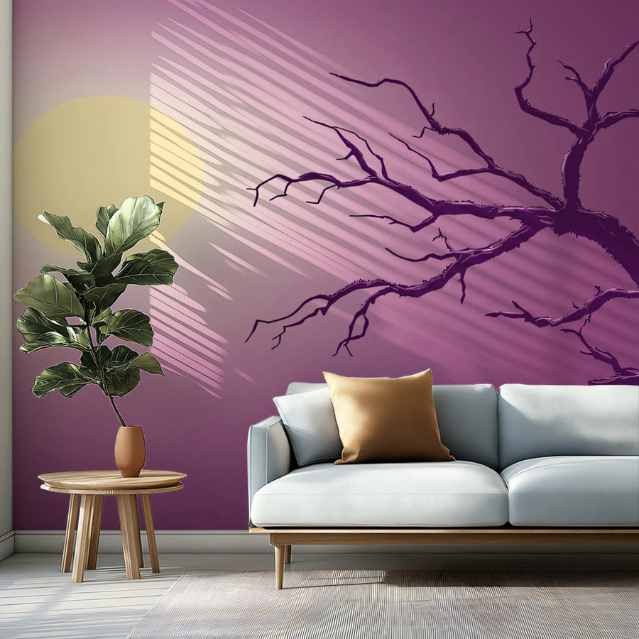 Purple Gradient Tree Mural Wallpaper — Artistic Evening Silhouette Mural Wallpaper