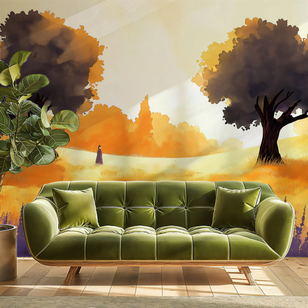 Autumn Meadow Landscape Mural Wallpaper — Painterly Rustic Motif Mural Wallpaper - pure wallpaper artwork