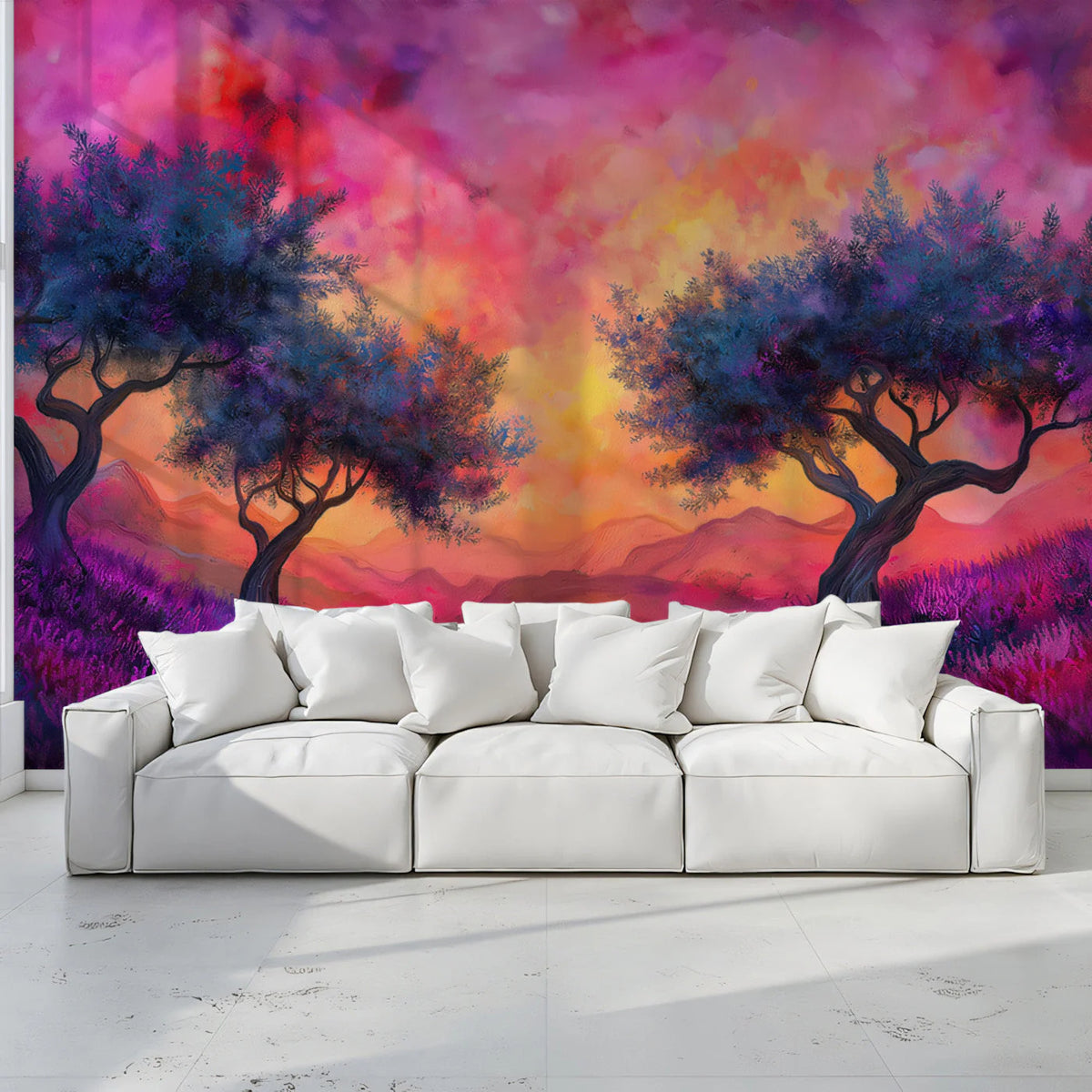 Fiery Sunset Landscape Mural Wallpaper — Painterly Artistic Scene Mural Wallpaper - pure wallpaper artwork