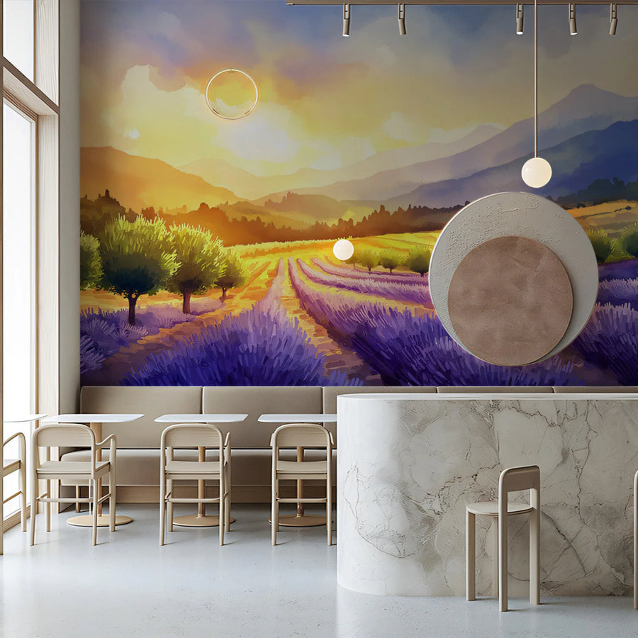 Sunlit Lavender Field Landscape Mural Wallpaper