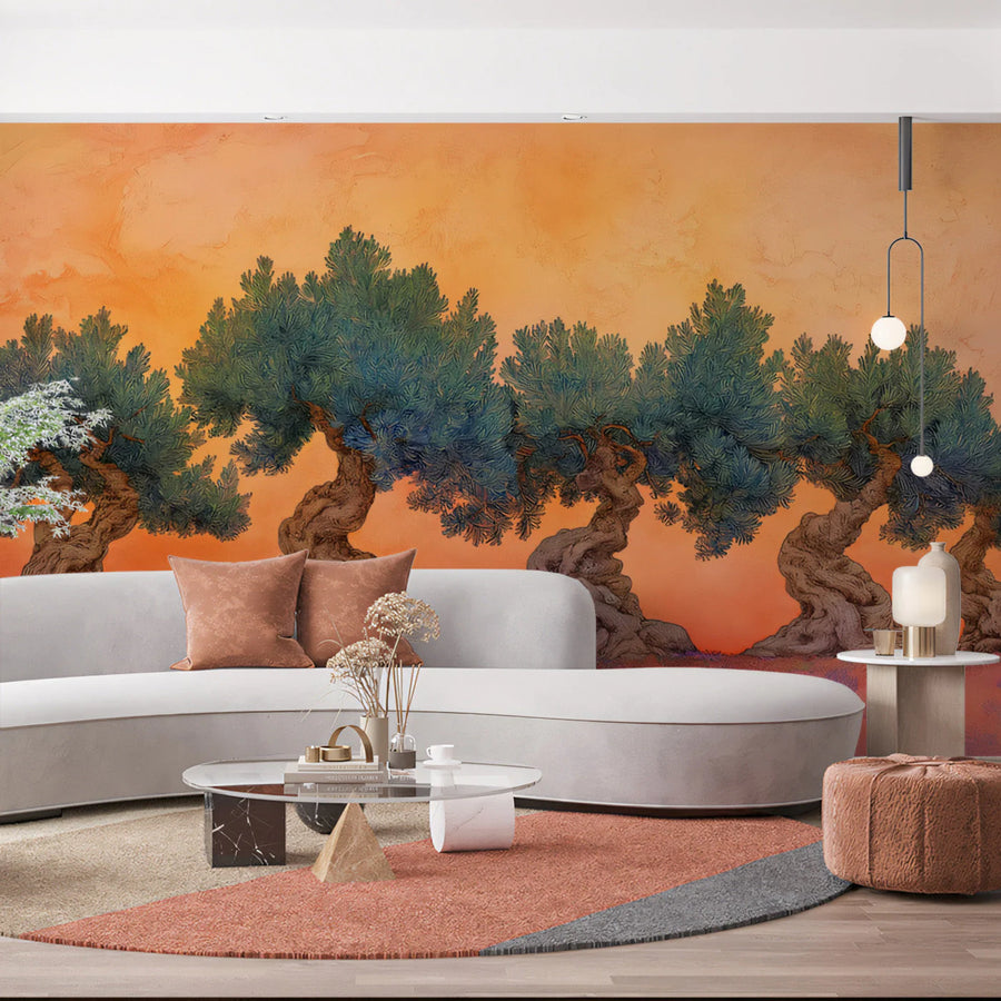 Twisted Olive Grove Mural Wallpaper — Warm Sunset Landscape Mural Wallpaper