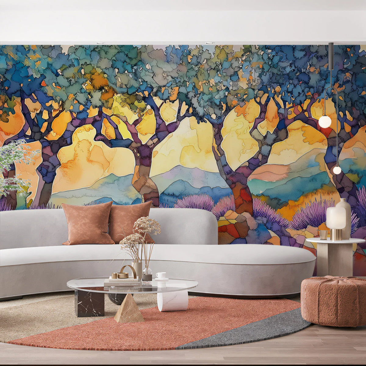 Abstract Watercolor Mediterranean Tree Mural Wallpaper - pure wallpaper artwork