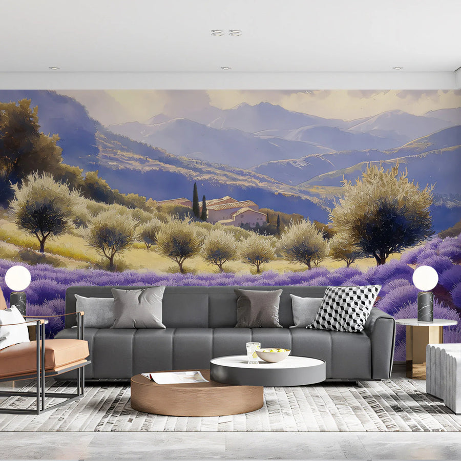 Provençal Lavender Field Mural Wallpaper — Painterly Countryside Scene Mural Wallpaper
