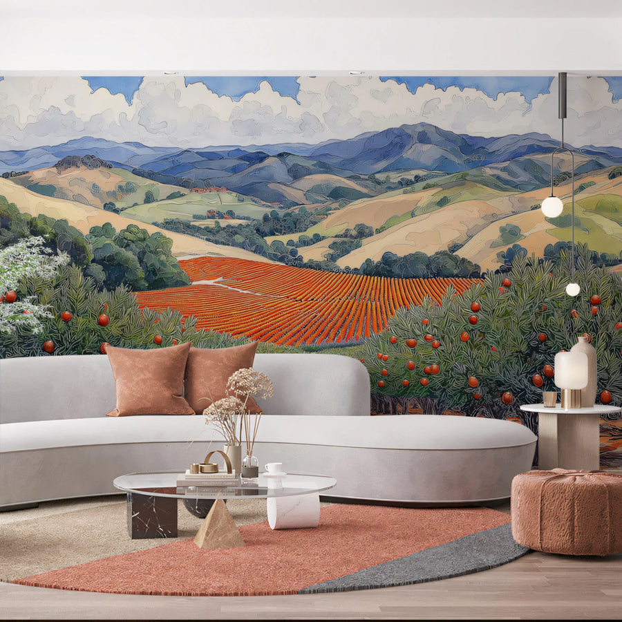 Mediterranean Orchard Landscape Mural Wallpaper — Artistic Countryside Mural Wallpaper