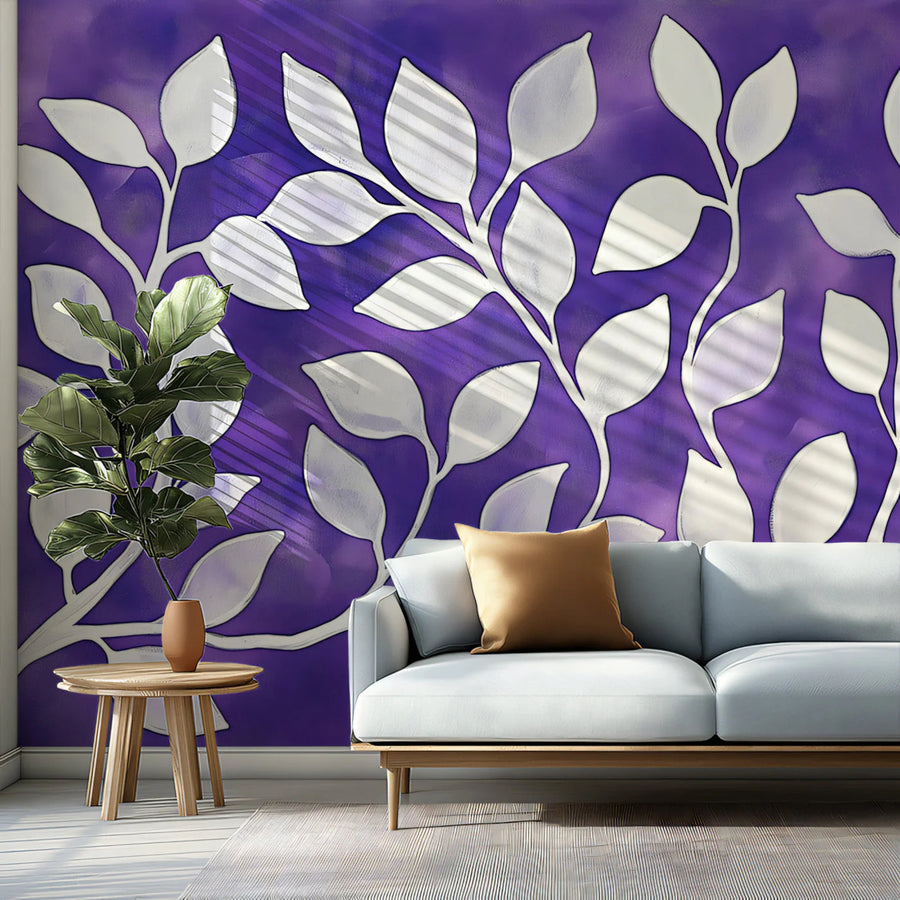 Royal Purple Botanical Mural Wallpaper — Modern Minimalist Leaf Art Mural Wallpaper