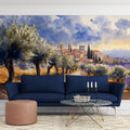 Mediterranean Village Landscape Mural Wallpaper — Watercolor Art Mural Wallpaper - pure wallpaper artwork