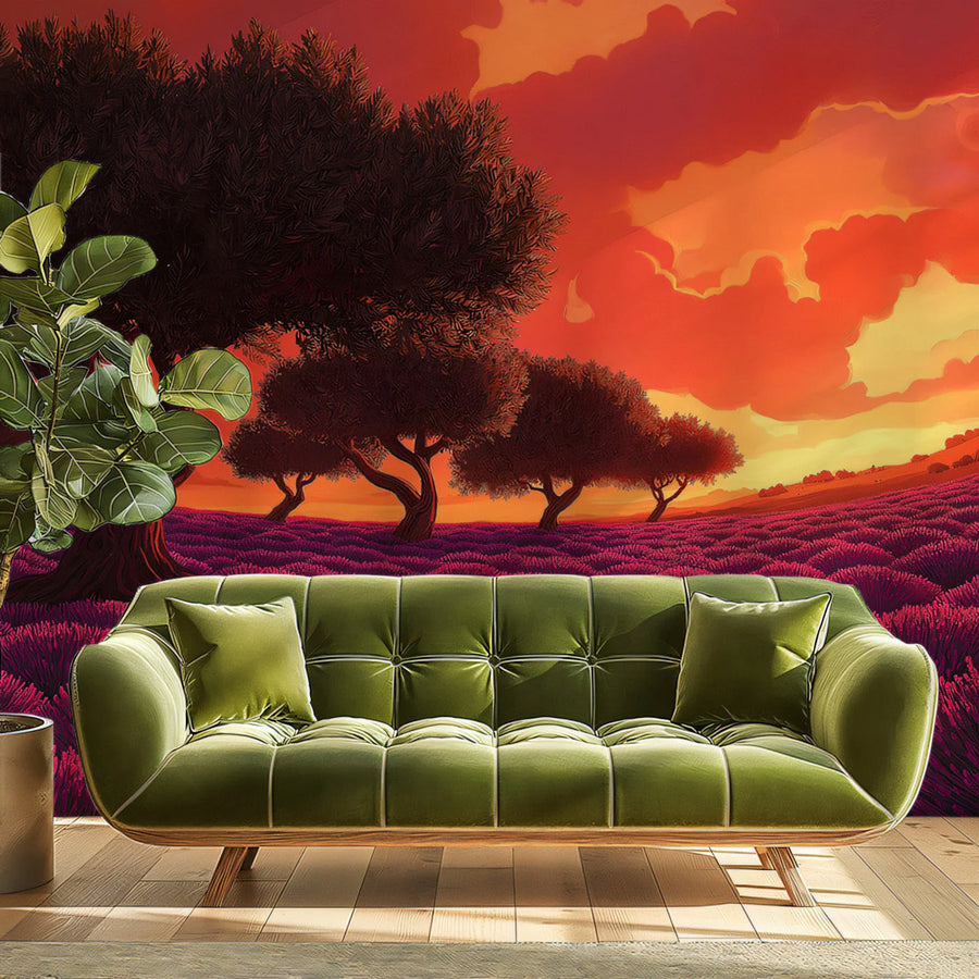 Mediterranean Lavender Sunset Mural Wallpaper — Warm Impressionistic Mural Wallpaper