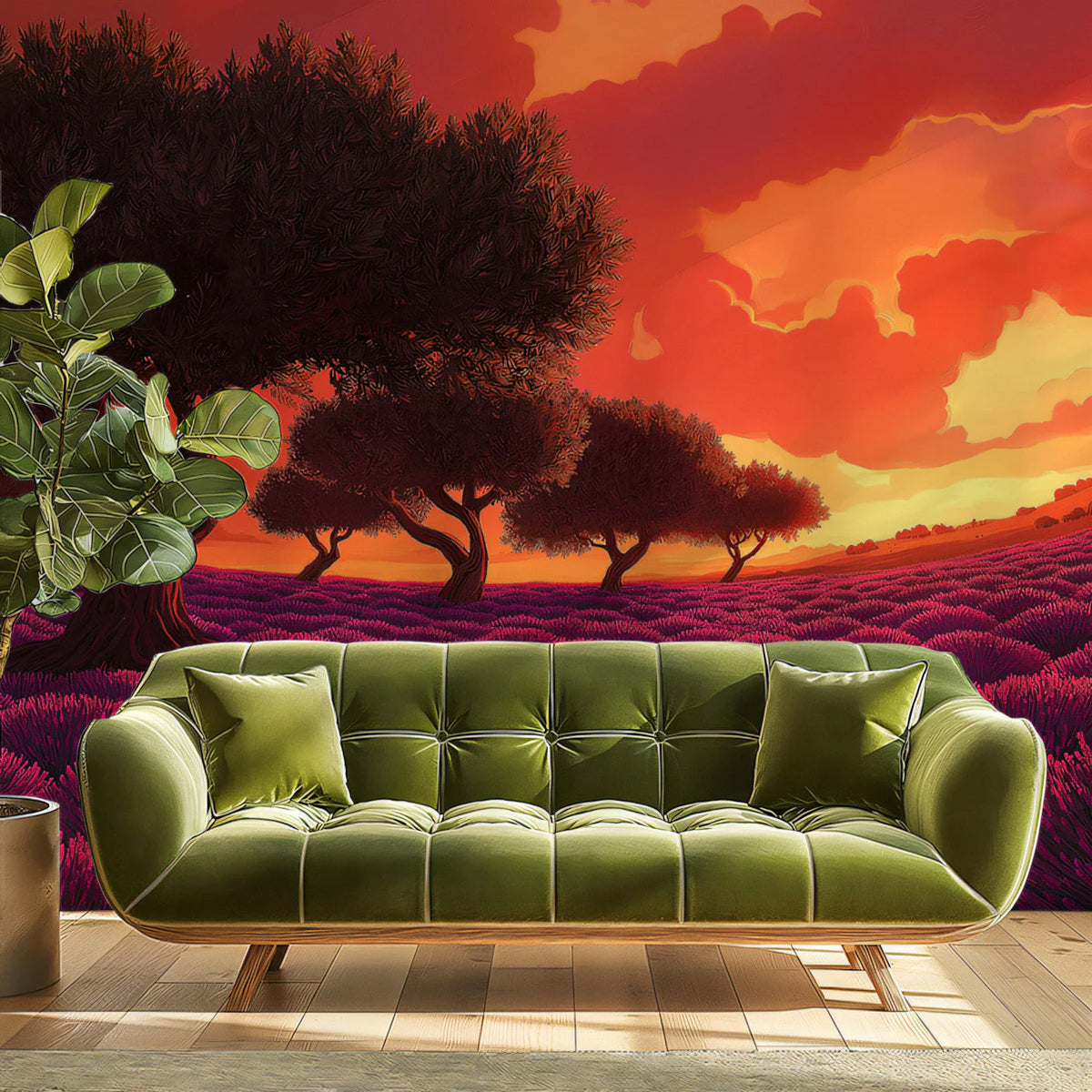 Mediterranean Lavender Sunset Mural Wallpaper — Warm Impressionistic Mural Wallpaper - pure wallpaper artwork