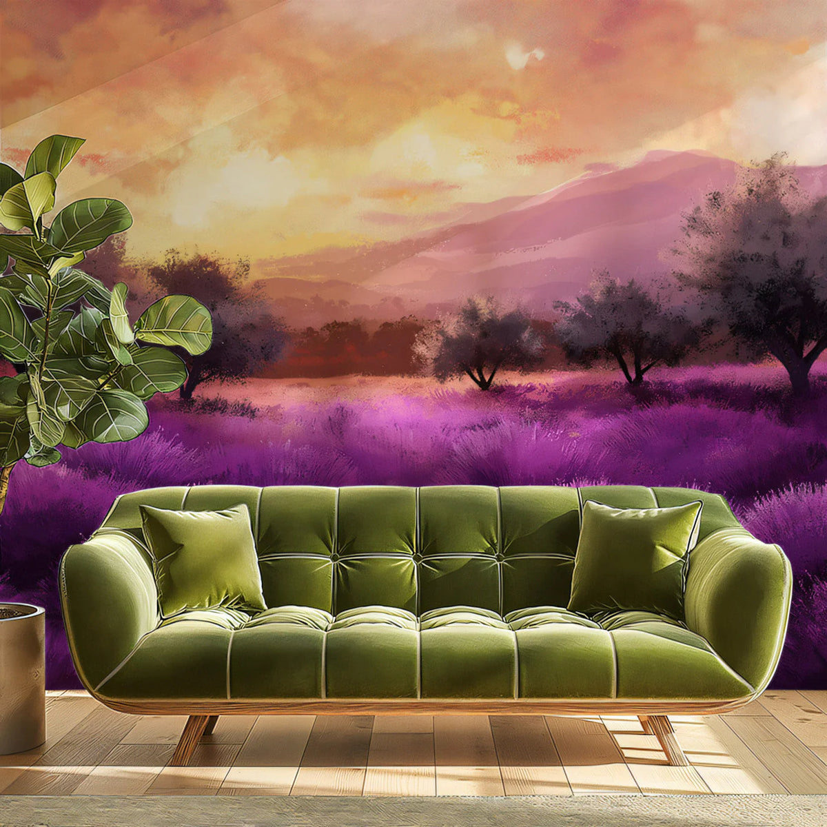 Purple Lavender Field Landscape Mural Wallpaper — Painterly Sunset Mural Wallpaper - pure wallpaper artwork