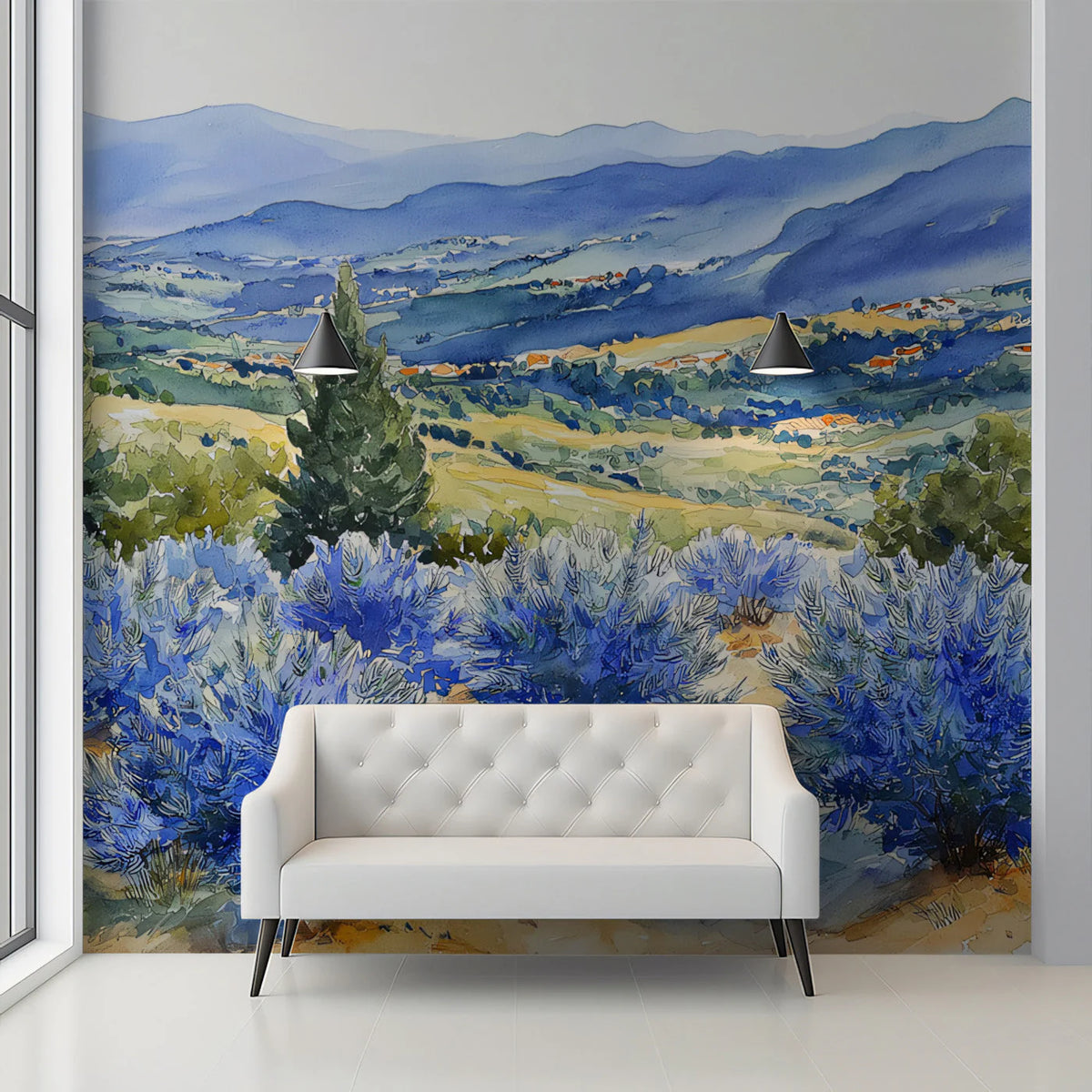 Watercolor Tuscan Landscape Mural Wallpaper — Artistic Horizon Mural Wallpaper - pure wallpaper artwork