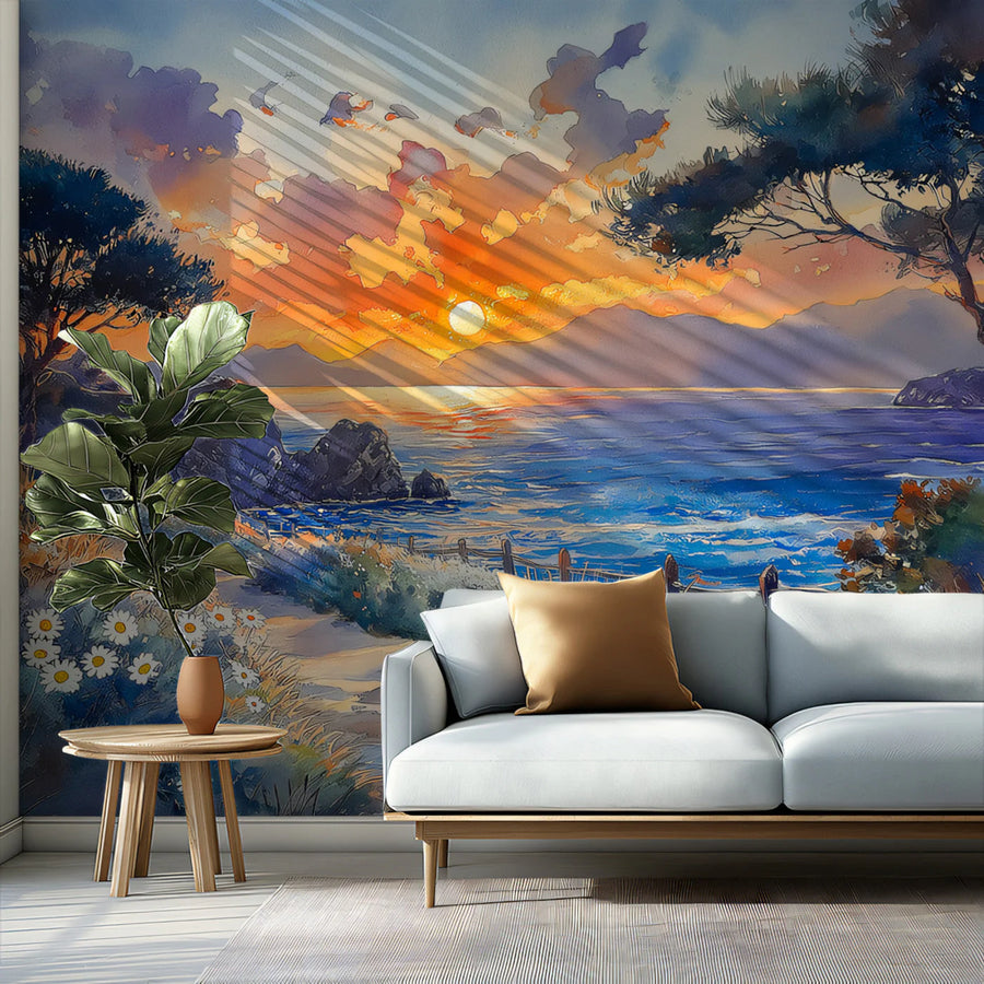 Coastal Sunset Meadow Mural Wallpaper — Artistic Horizon Scene Mural Wallpaper