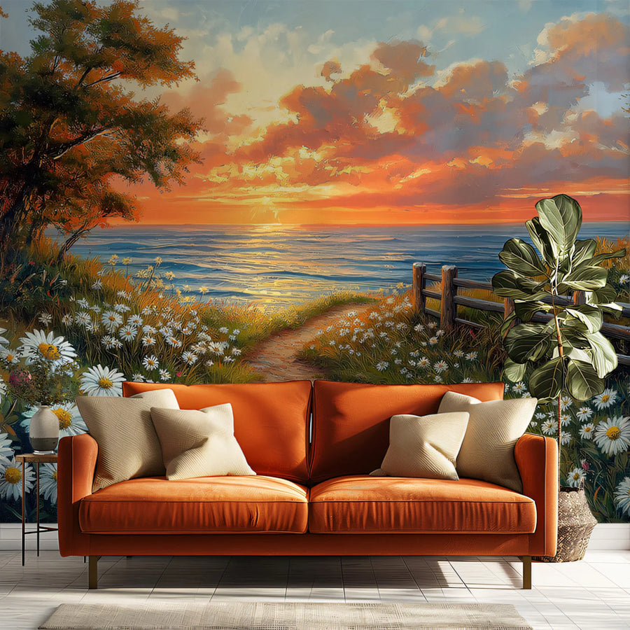 Coastal Daisy Field Sunset Mural Wallpaper —Oil Painting Style Mural Wallpaper