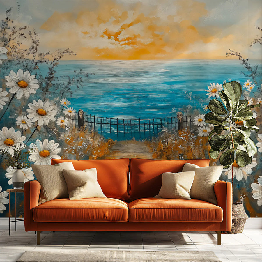Coastal Daisy Field Mural Wallpaper — Impressionistic Sunset Art Mural Wallpaper