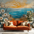 Coastal Daisy Field Mural Wallpaper — Impressionistic Sunset Art Mural Wallpaper - pure wallpaper artwork