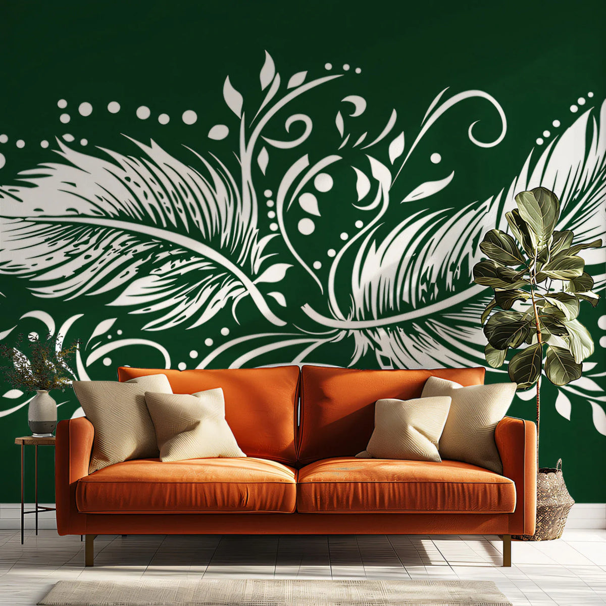 White Feather and Scroll Mural Wallpaper — Modern Botanical Mural Wallpaper - pure wallpaper artwork