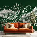 White Feather and Scroll Mural Wallpaper — Modern Botanical Mural Wallpaper - pure wallpaper artwork