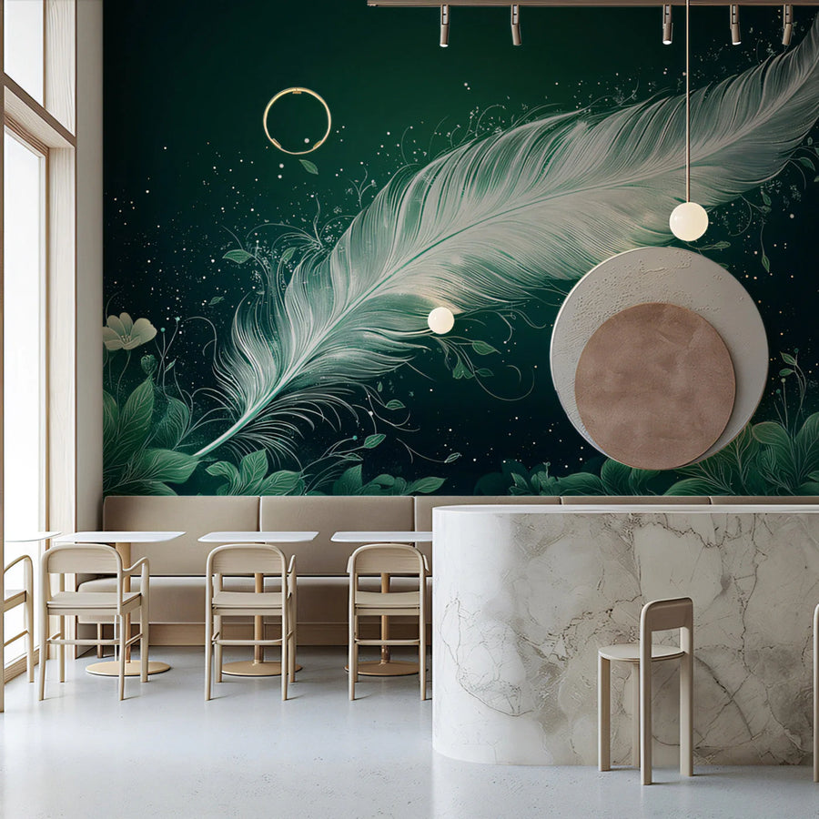 Ethereal Feather and Floral Mural Wallpaper — Deep Green Decor Mural Wallpaper