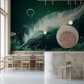 Ethereal Feather and Floral Mural Wallpaper — Deep Green Decor Mural Wallpaper - pure wallpaper artwork