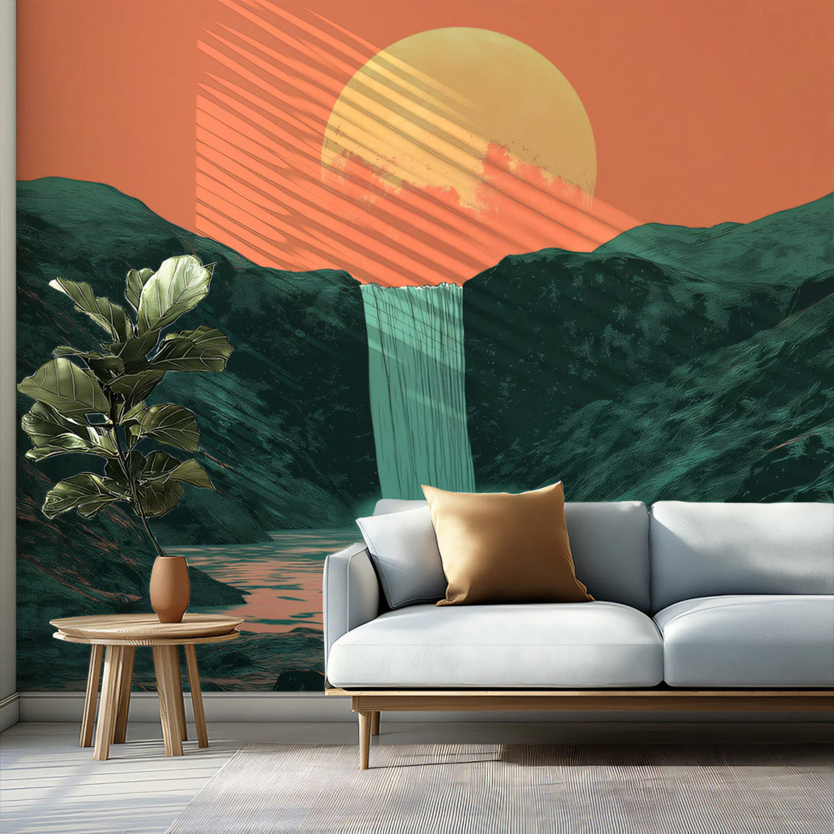 Sunset Waterfall Landscape Mural Wallpaper — Modern Nature Art Mural Wallpaper - pure wallpaper artwork
