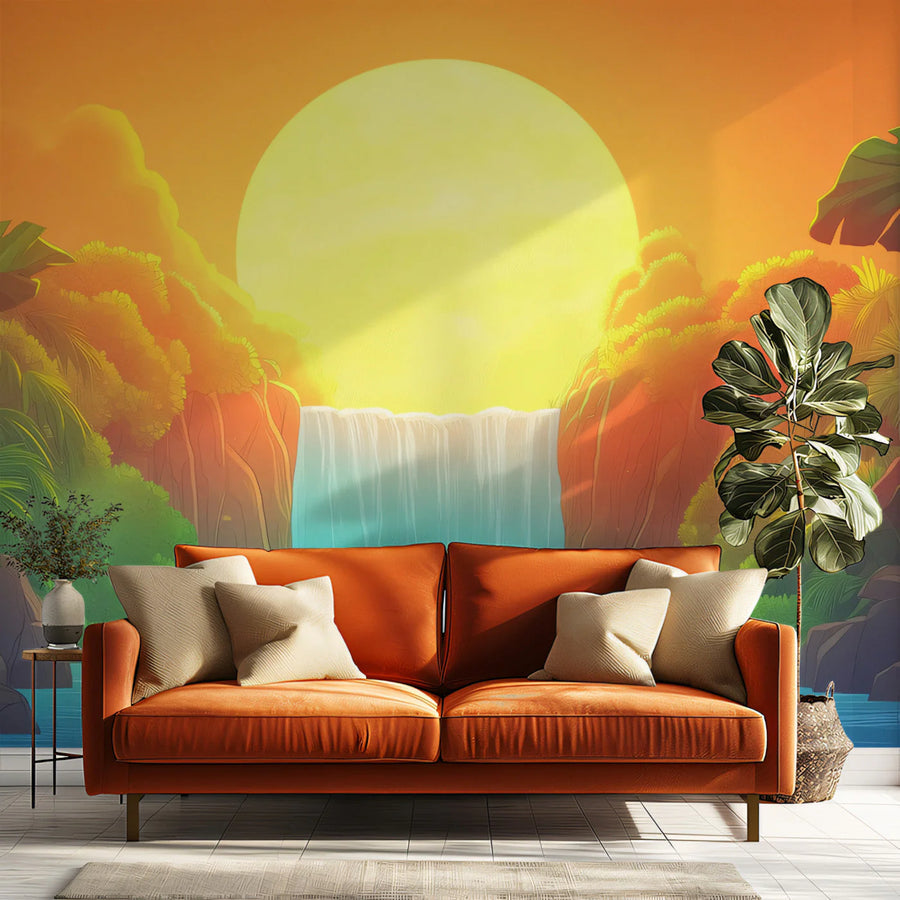 Tropical Waterfall Sunset Mural Wallpaper —Vibrant Nature Scene Mural Wallpaper