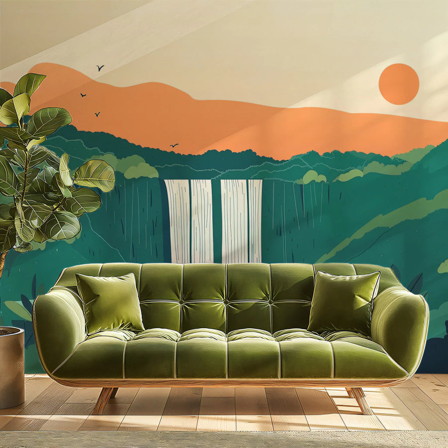 Abstract Waterfall and Sunset Mural Wallpaper in Forest Tones Mural Wallpaper