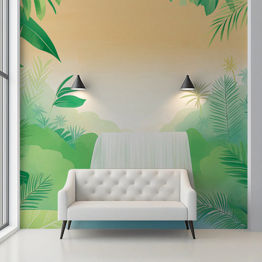 Sunlit Jungle Waterfall Mural Wallpaper — Soft Tropical Illustration Mural Wallpaper
