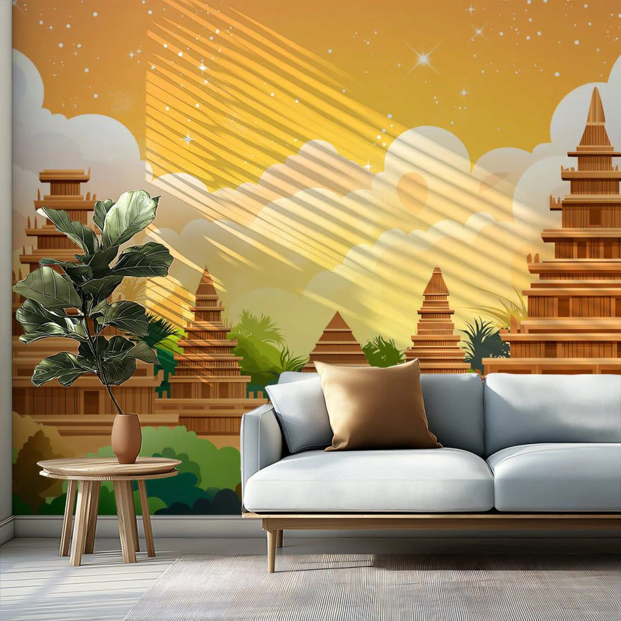 Golden Temple Sunset Scenic Mural Wallpaper — Exotic Heritage Decor Mural Wallpaper
