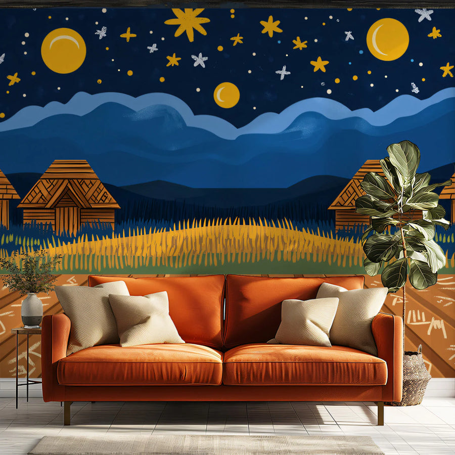 Starry Night Rural Village Mural Wallpaper — Whimsical Illustration Mural Wallpaper