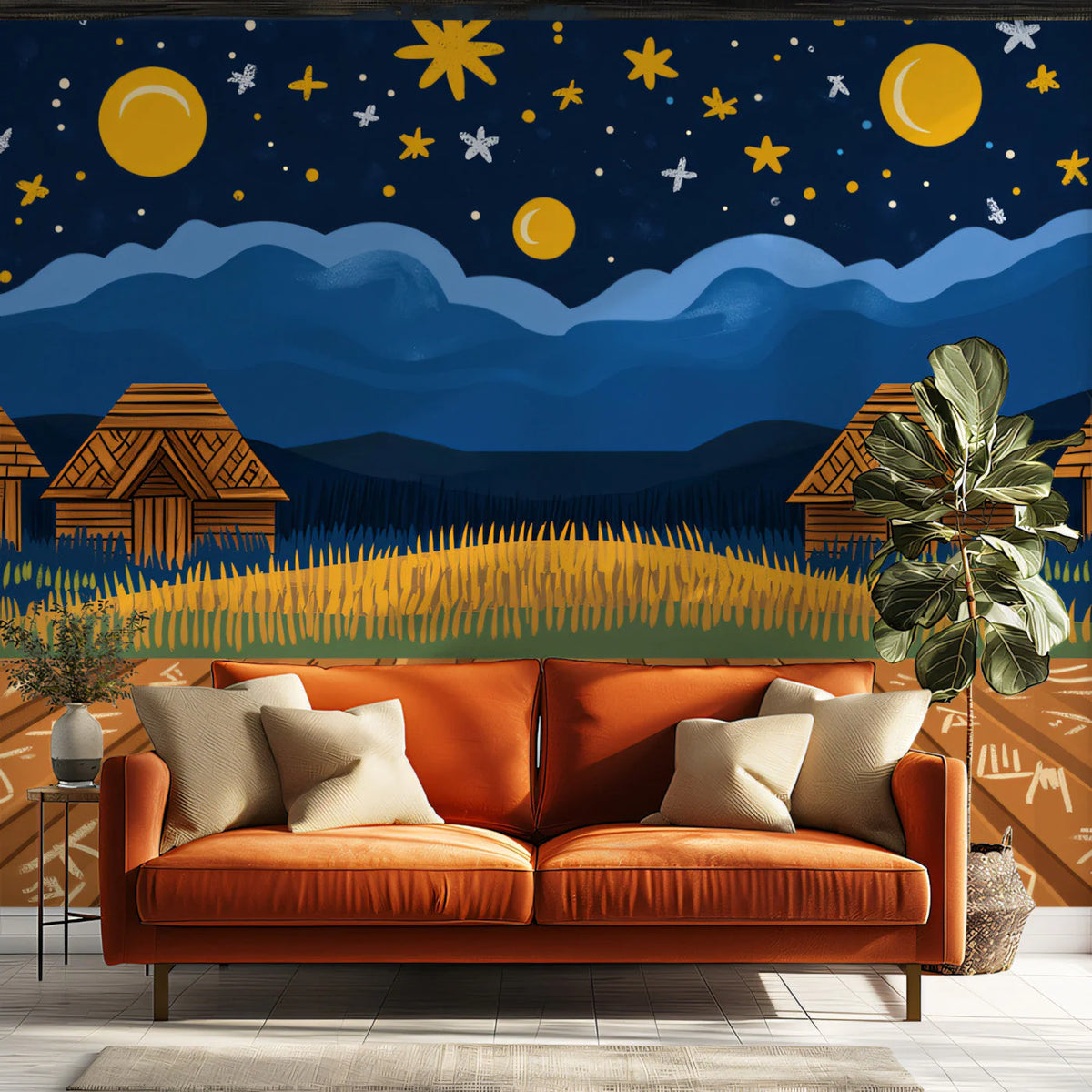 Starry Night Rural Village Mural Wallpaper — Whimsical Illustration Mural Wallpaper - pure wallpaper artwork