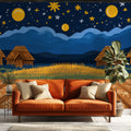 Starry Night Rural Village Mural Wallpaper — Whimsical Illustration Mural Wallpaper - pure wallpaper artwork