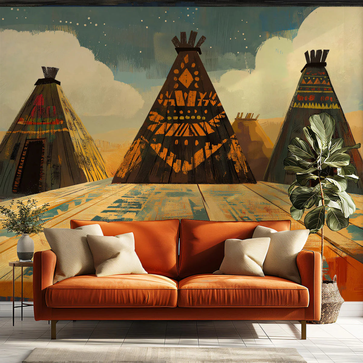 Nomadic Teepee Desert Scene Mural Wallpaper — Artistic Pattern Mural Wallpaper - pure wallpaper artwork
