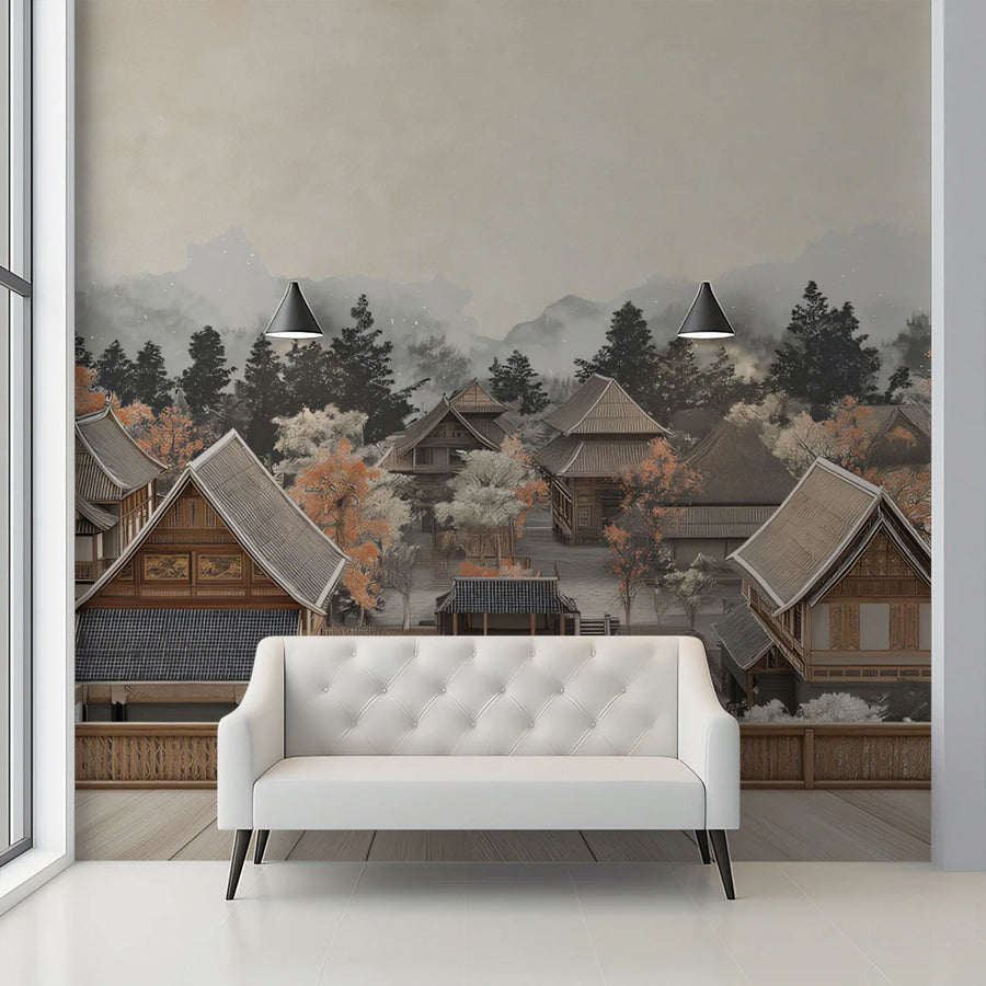 Traditional Asian Village Mural Wallpaper — Muted Earthy Landscape Mural Wallpaper