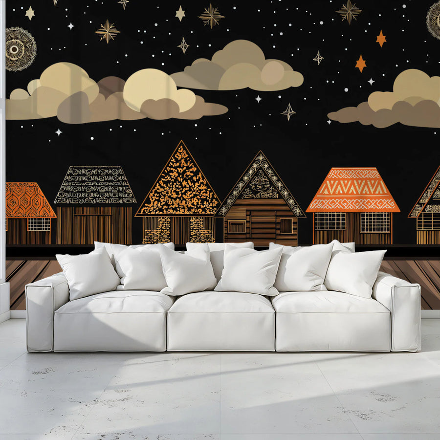 Midnight Village Celestial Mural Wallpaper — Whimsical Night Scenery Mural Wallpaper