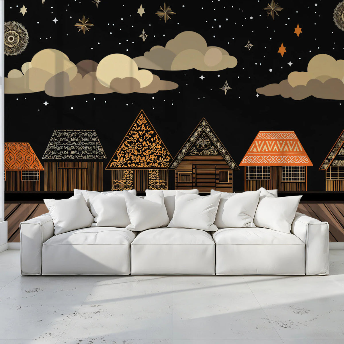 Midnight Village Celestial Mural Wallpaper — Whimsical Night Scenery Mural Wallpaper - pure wallpaper artwork
