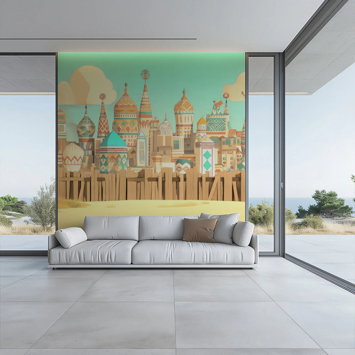 Desert Cityscape Architectural Mural Wallpaper — Whimsical Decor Mural Wallpaper - pure wallpaper artwork