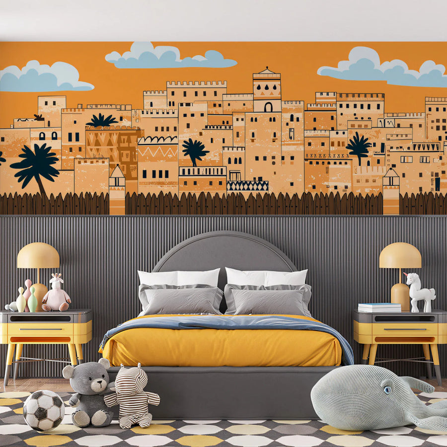 Desert Citadel Mural Wallpaper — Ochre and Terracotta Scene Mural Wallpaper