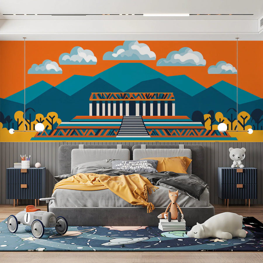 Ancient Temple Geo Mural Wallpaper — Vibrant Cultural Design Mural Wallpaper