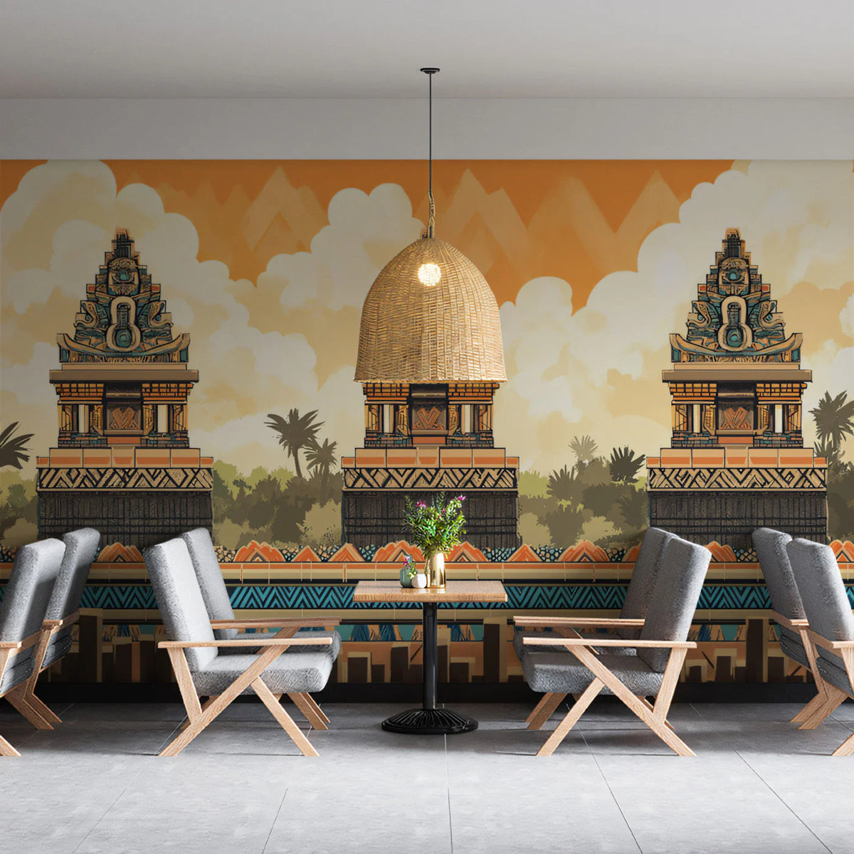 Balinese Temple Horizon Mural Wallpaper — Tropical Architectural Art Mural Wallpaper - pure wallpaper artwork
