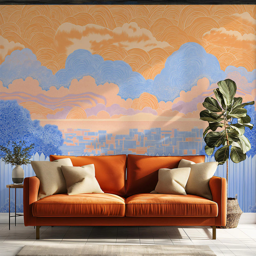 Abstract Horizon Cityscape Mural Wallpaper — Playful Artistic Style Mural Wallpaper