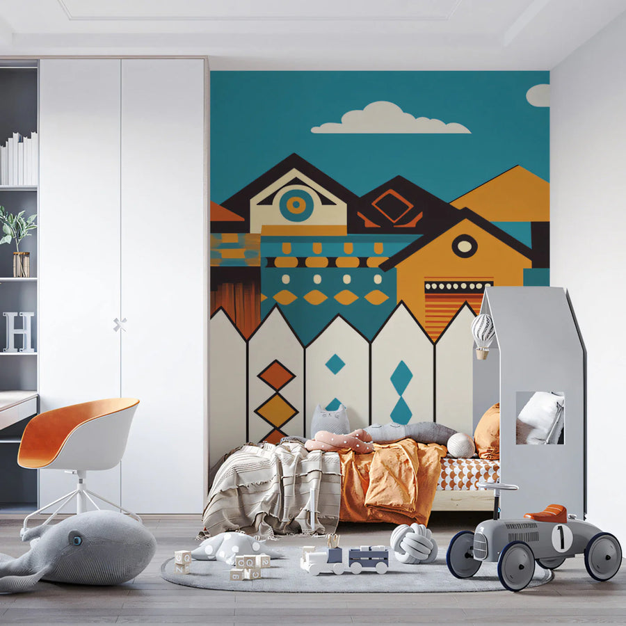 Geometric Village Mural Wallpaper —Playful Architectural Design Mural Wallpaper