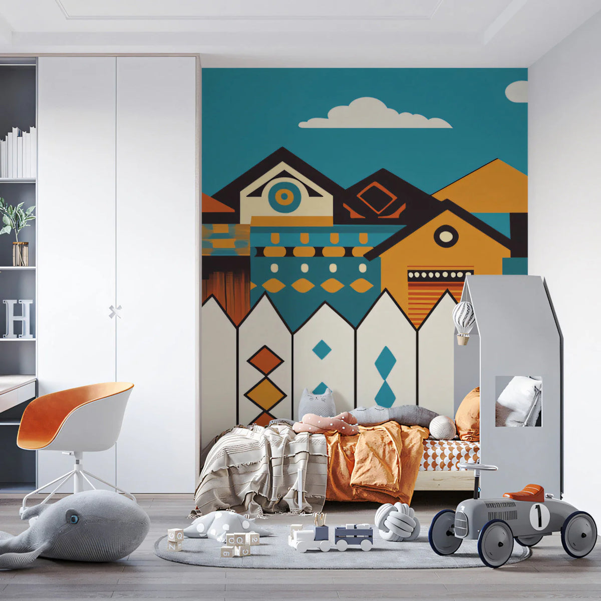Geometric Village Mural Wallpaper —Playful Architectural Design Mural Wallpaper - pure wallpaper artwork