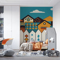 Geometric Village Mural Wallpaper —Playful Architectural Design Mural Wallpaper - pure wallpaper artwork