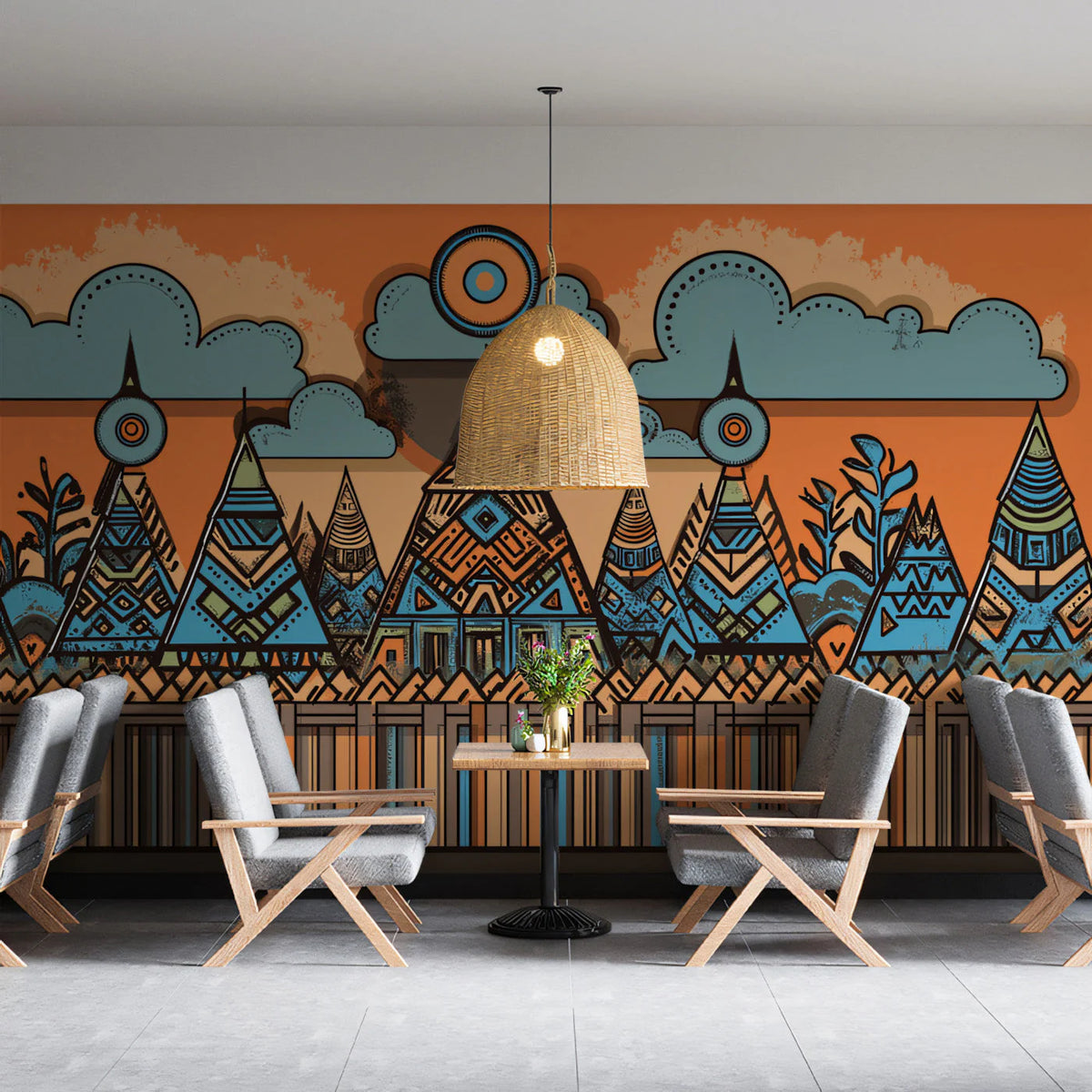 Tribal Pyramid Landscape Mural Wallpaper — Vibrant Cultural Art Mural Wallpaper - pure wallpaper artwork