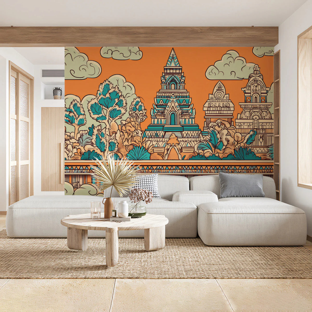 Ancient Temple Complex Mural Wallpaper — Vibrant Heritage Art Mural Wallpaper - pure wallpaper artwork