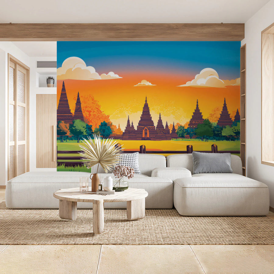 Pagoda Horizon Mural Wallpaper — Vibrant Sunset Landscape Mural Wallpaper