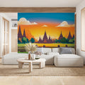 Pagoda Horizon Mural Wallpaper — Vibrant Sunset Landscape Mural Wallpaper - pure wallpaper artwork