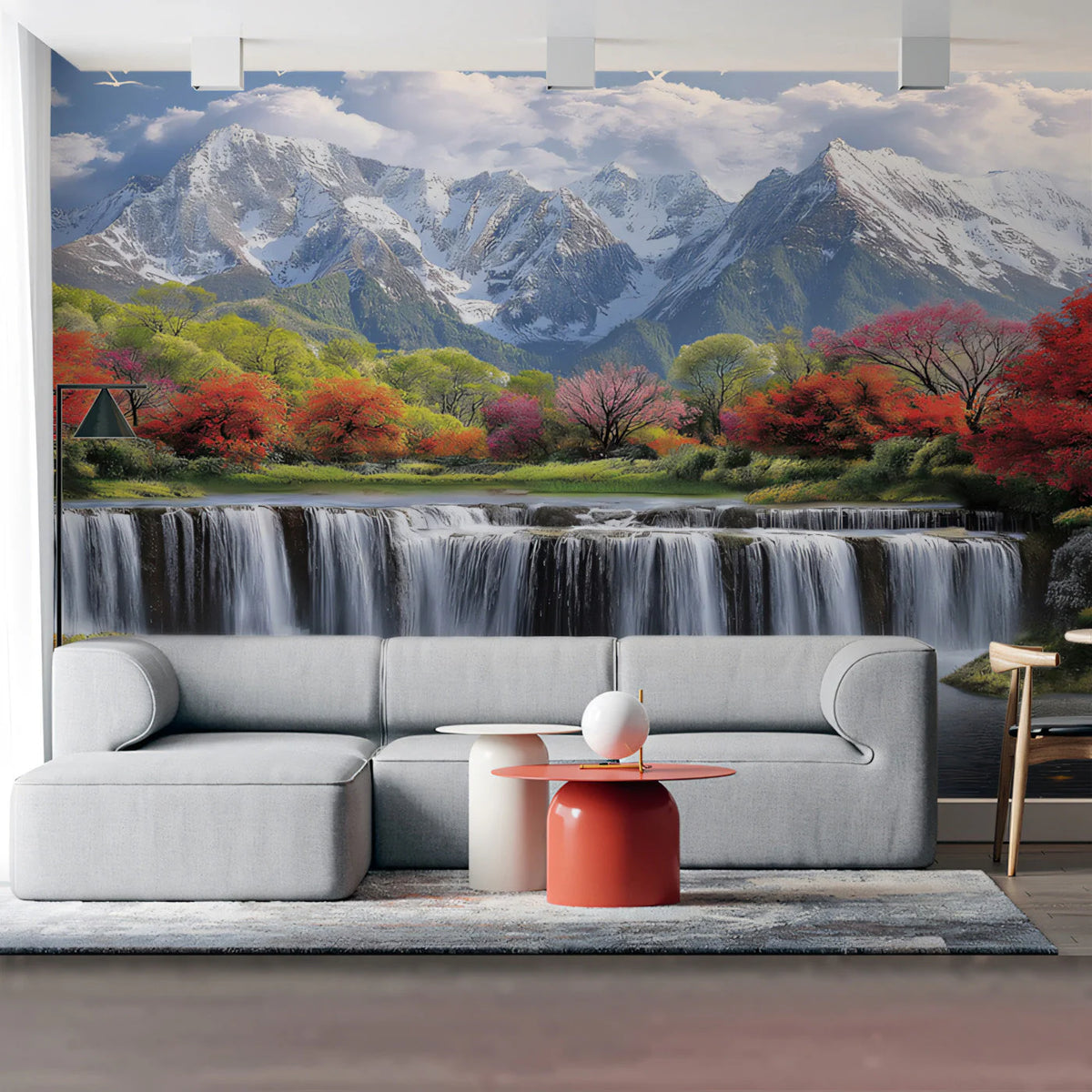Snowy Mountain Waterfall Mural Wallpaper with Autumn Forest Foliage Mural Wallpaper - pure wallpaper artwork
