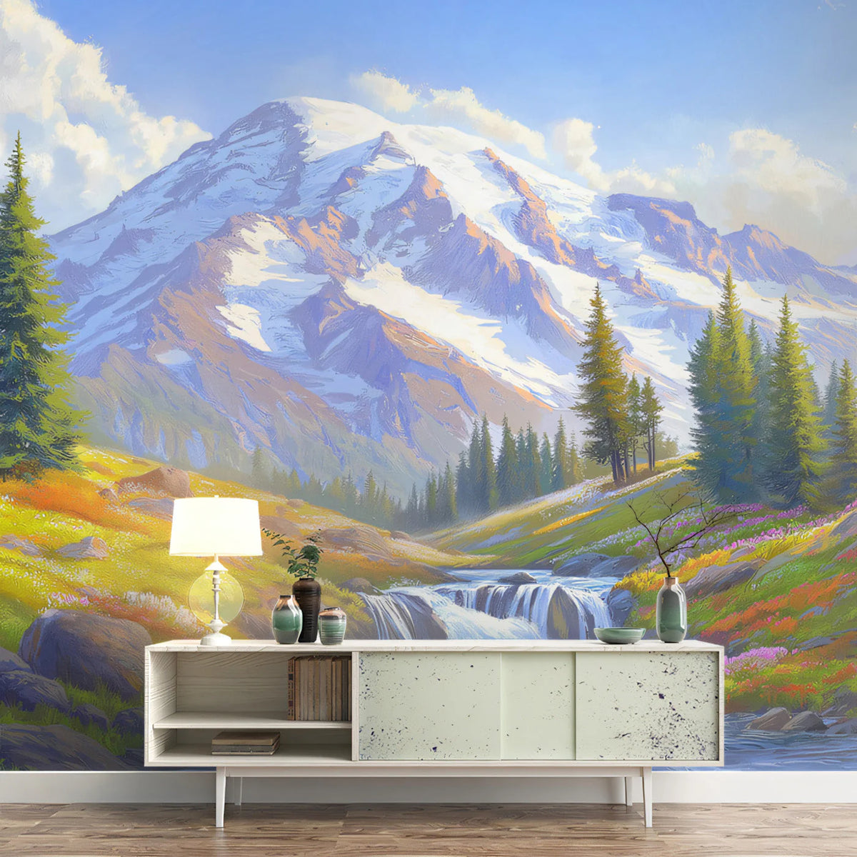 Snow-Capped Alpine Meadow Mural Wallpaper — Painterly Mountain Vista Mural Wallpaper - pure wallpaper artwork
