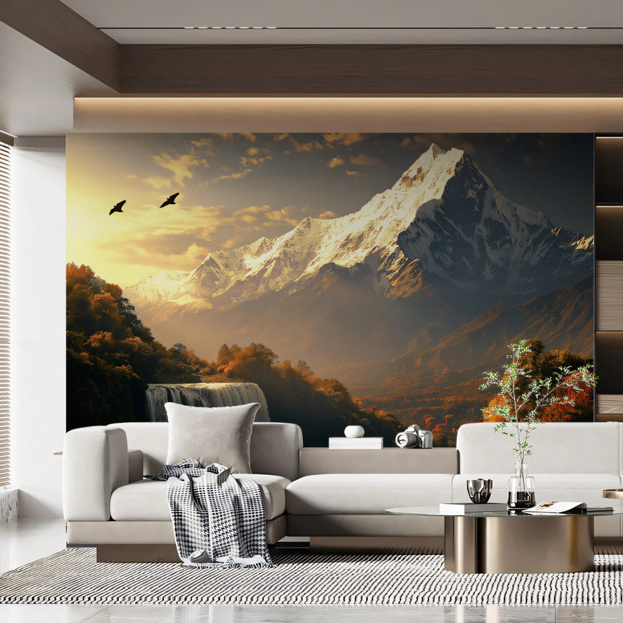 Golden Hour Mountain and Waterfall Mural Wallpaper