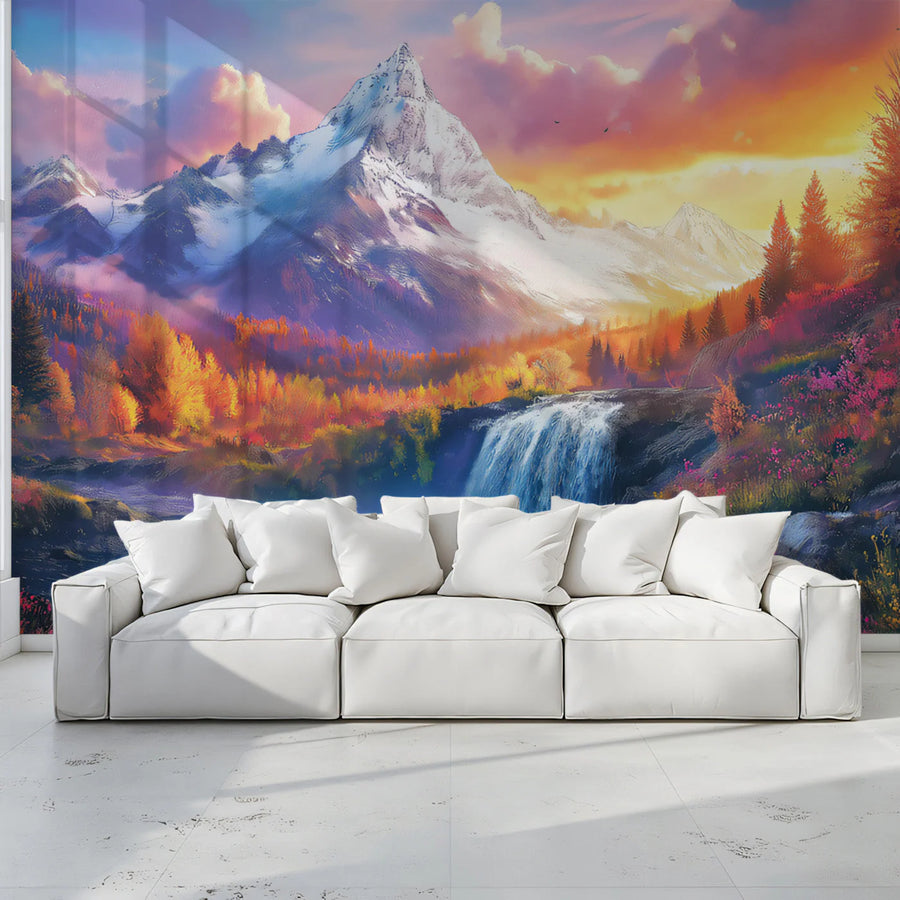 Alpine Sunset Waterfall Mural Wallpaper — Painterly Scenic Design Mural Wallpaper